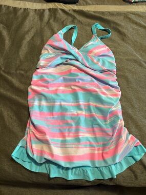 Pastel Aqua & Pink Striped Women's Swim Bodysuit with Ruffle Hem